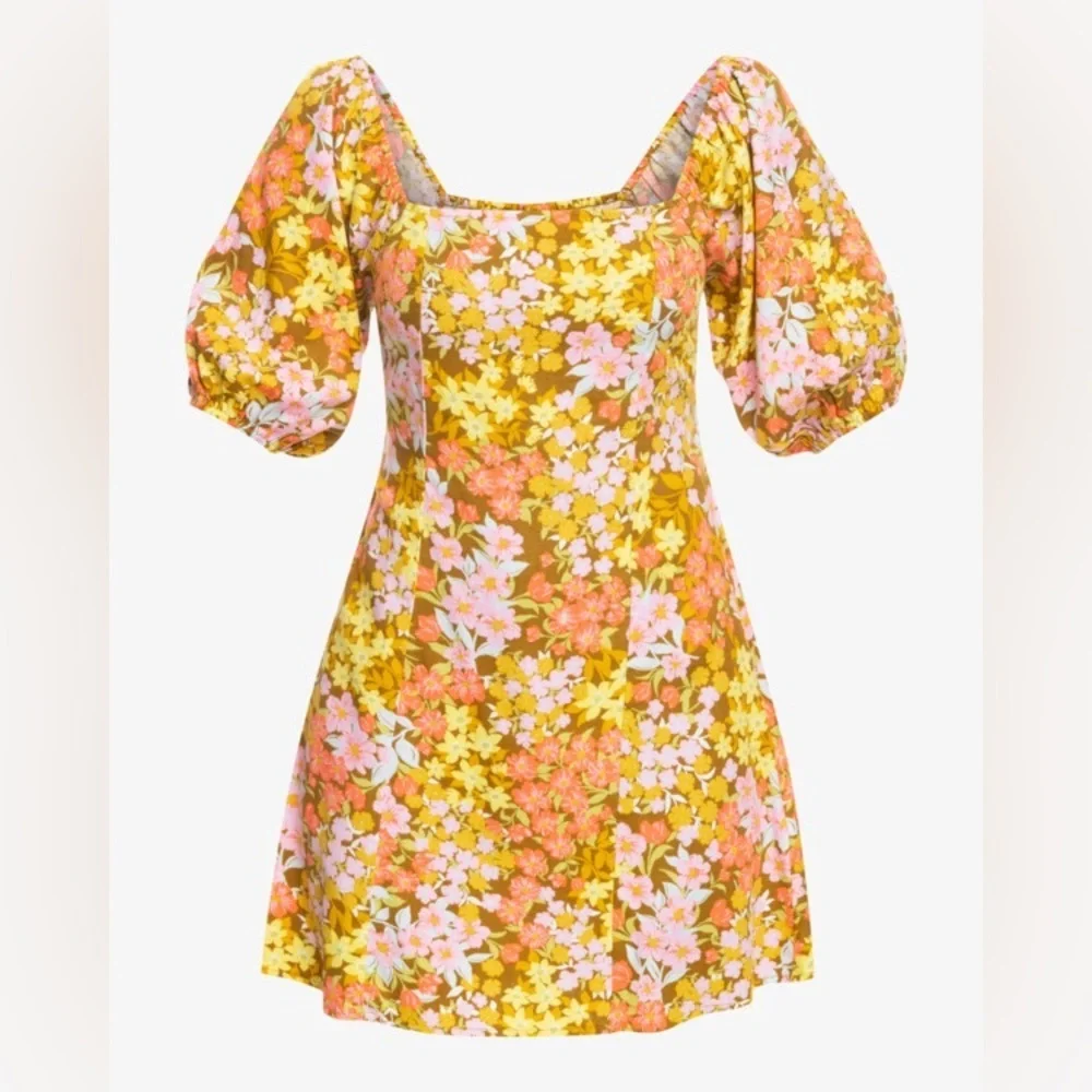 Billabong 70’a inspired Floral Print Dress with Puff Sleeves - Picture 1 of 5